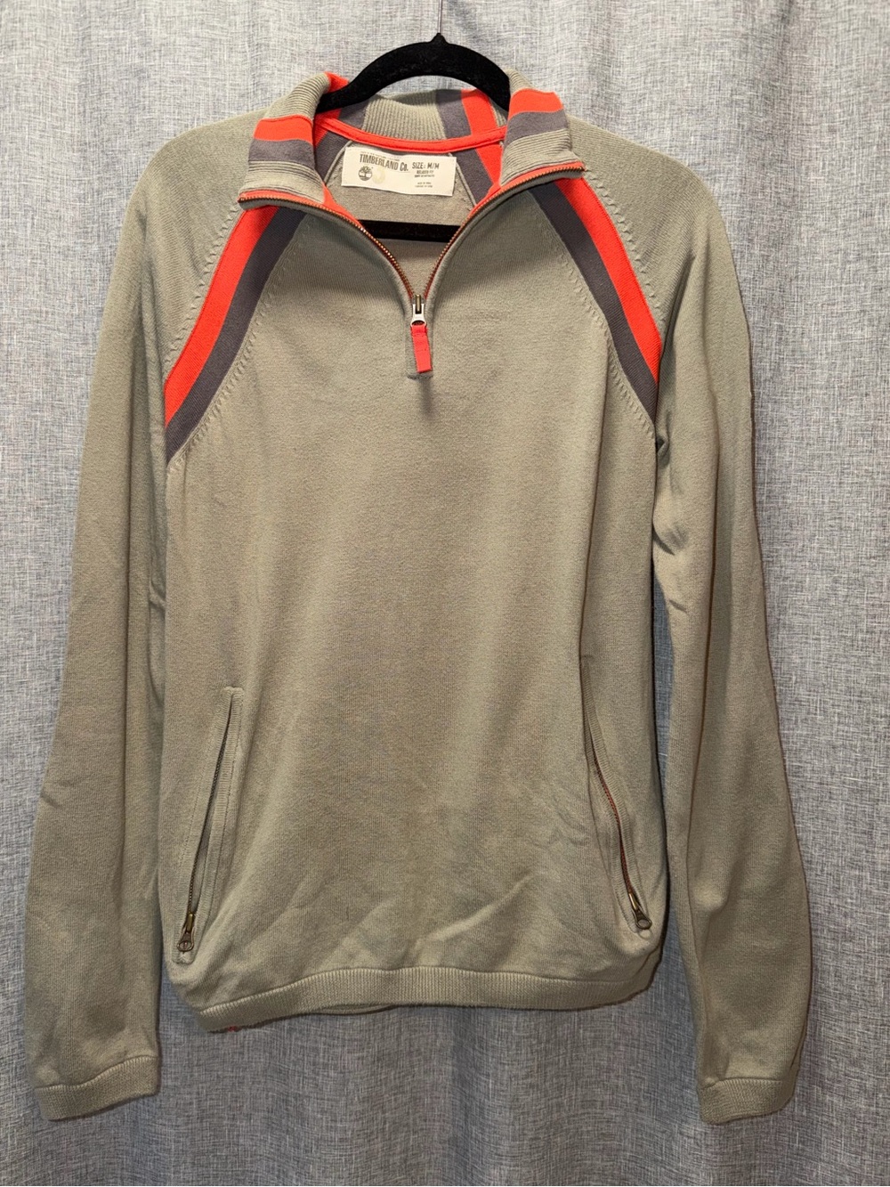 Timberland Tan Quarter-Zip Sweater with Red and Dark Gray Accents Medium
